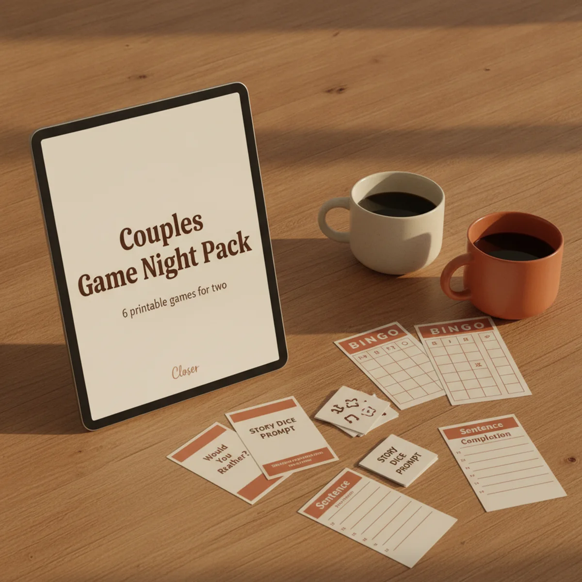 Couples Game Night Pack: printable bingo cards, would-you-rather cards and story dice for a night in