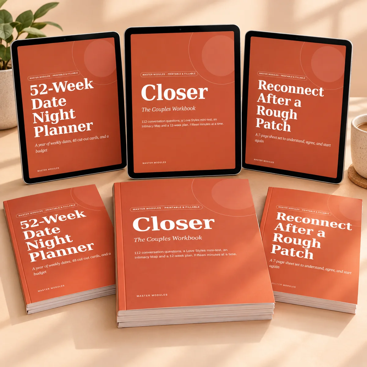 The 52-Week Date Night Planner with 48 cut-out cards, next to the Closer workbook