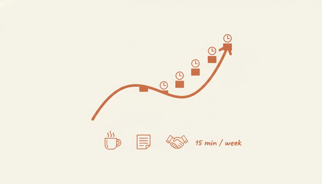 A rising curve with clock icons and a 15 minutes per week label, showing small steady effort