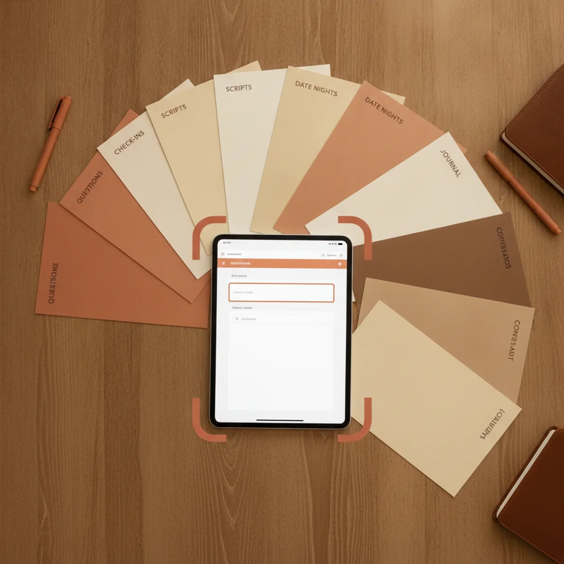 Colored question cards fanned out around a tablet, grouped as questions, check-ins, scripts, date nights and journal