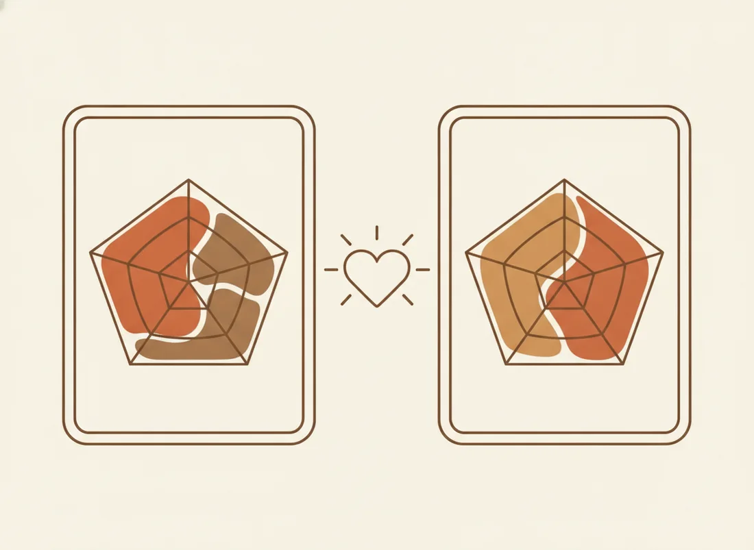Two partners' love-style profiles shown side by side as shapes, with a heart between them