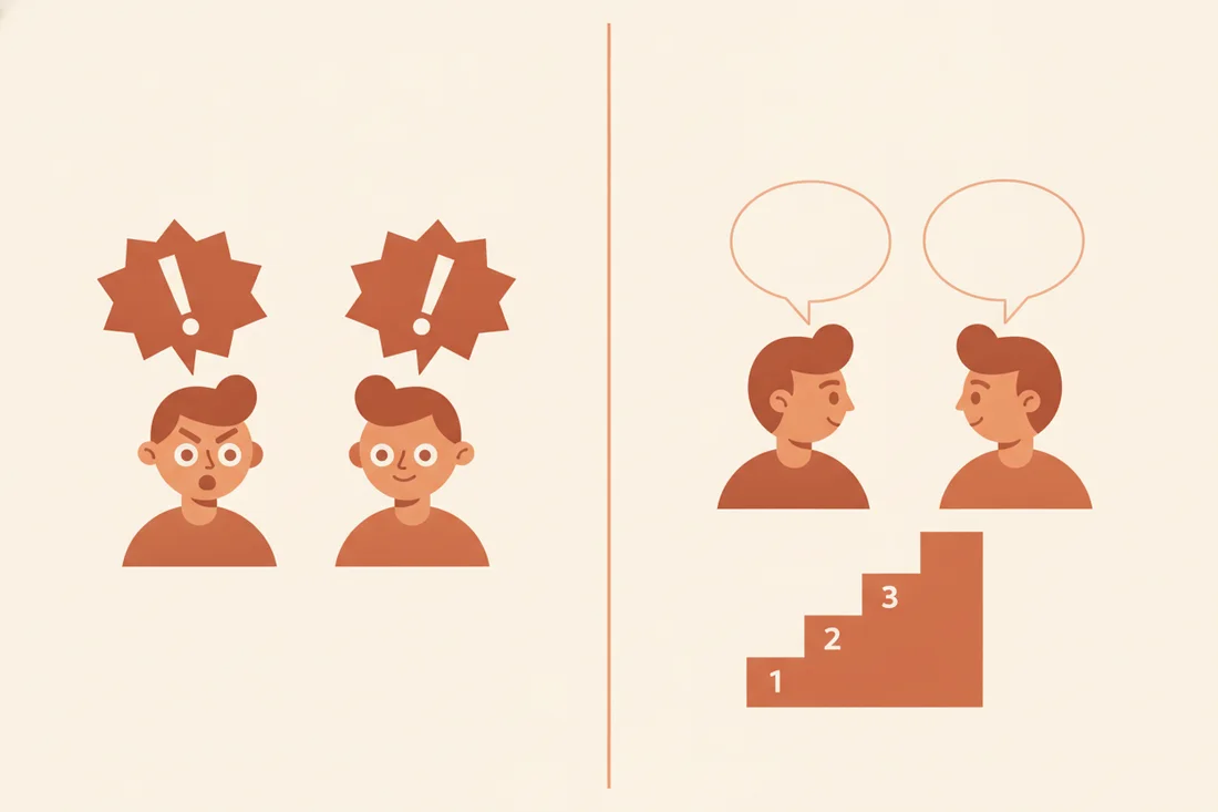 Two partners in an argument on the left, and calm, listening partners climbing three steps on the right