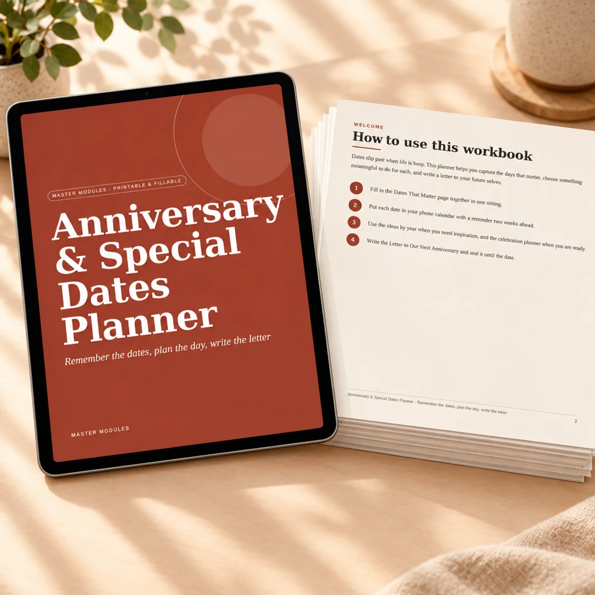 Anniversary & Special Dates Planner on a tablet with a how-to-use page for planning dates