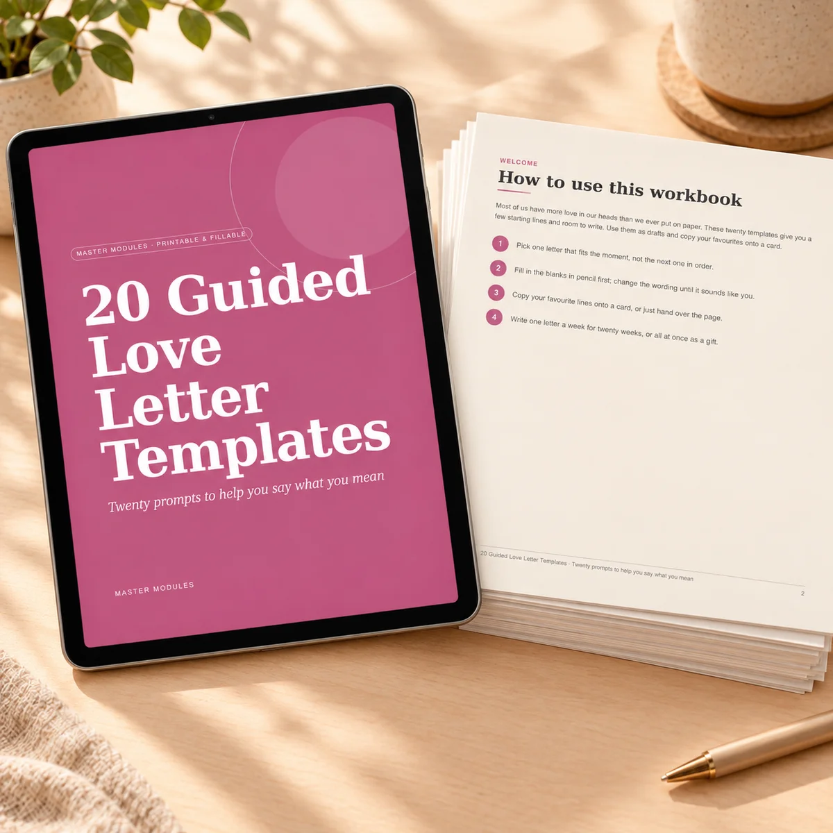 20 Guided Love Letter Templates with starting lines and room to write on a tablet and in print