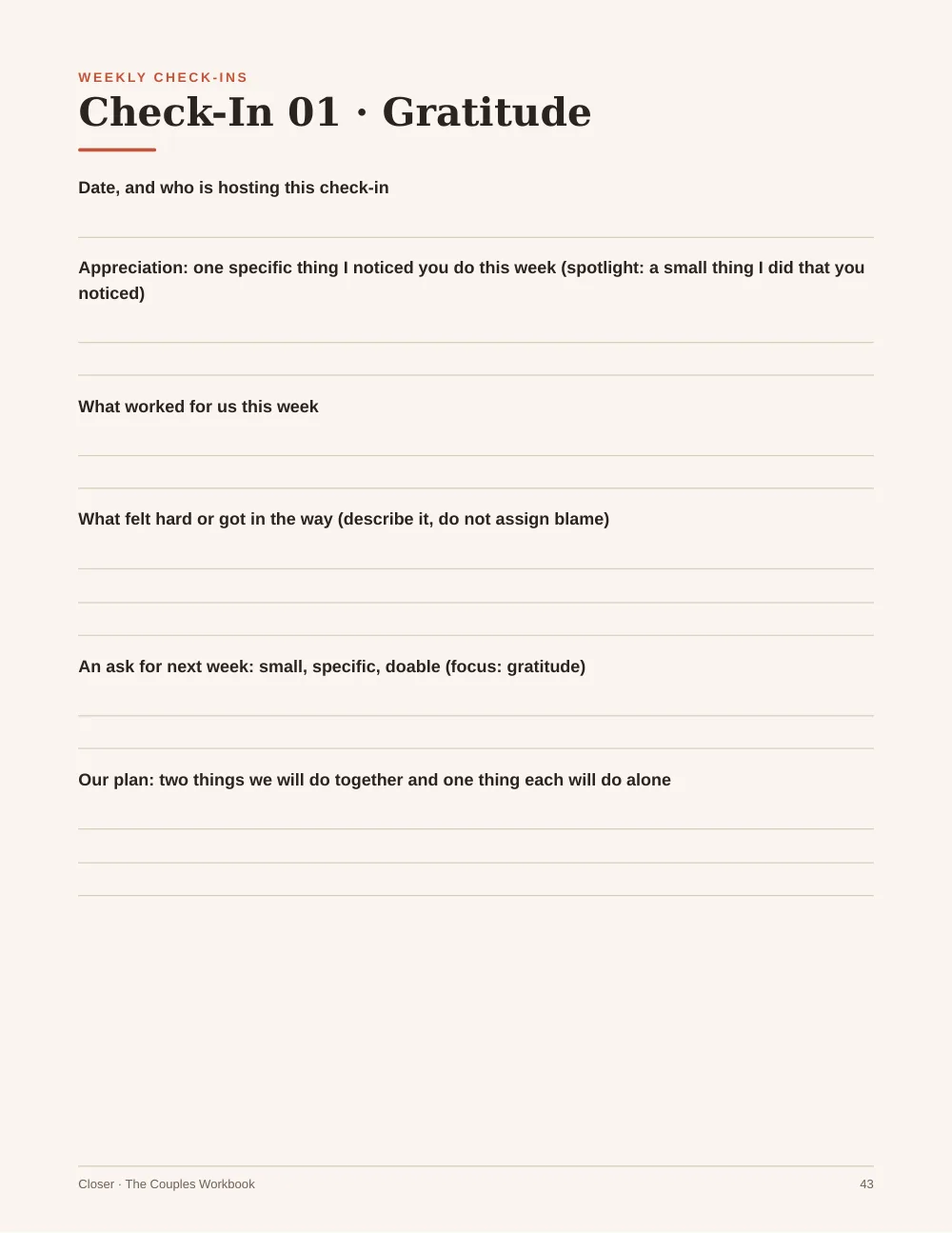 Check-In 01 Gratitude page with lines for appreciation, what worked, what felt hard, an ask and a plan