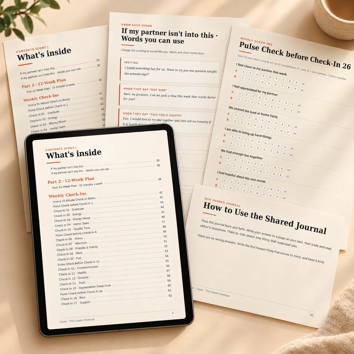 Printable couples worksheet pages: contents, scripts, a pulse check with 1 to 10 scales and a shared journal